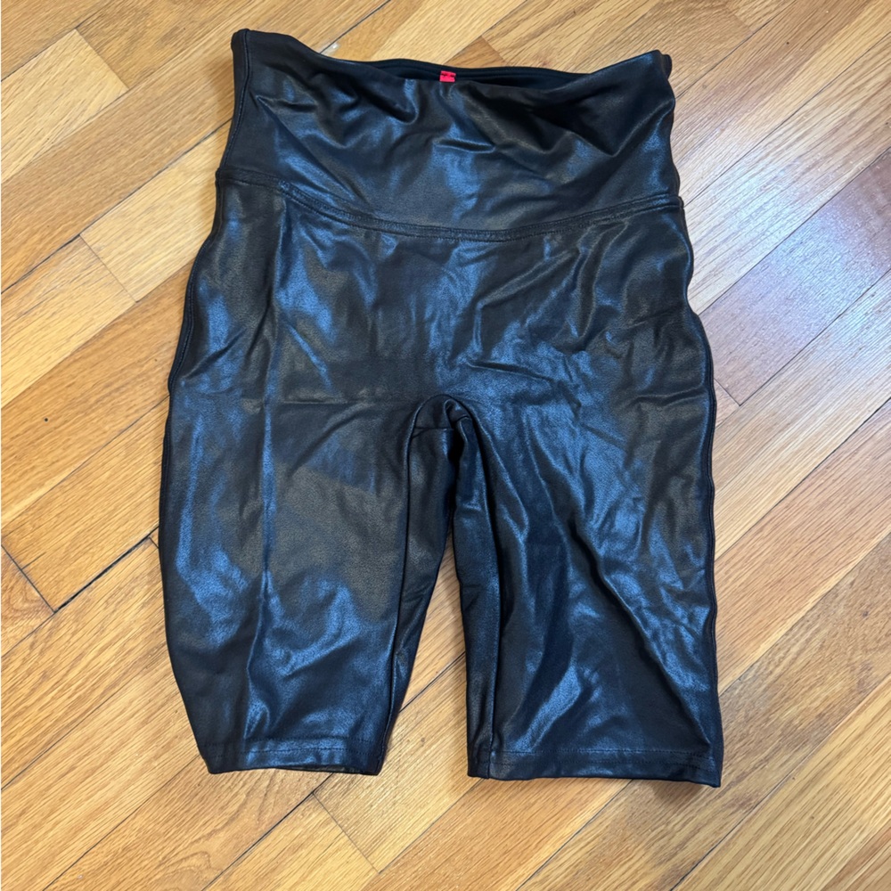 SPANX Black Faux Leather Biker Shorts